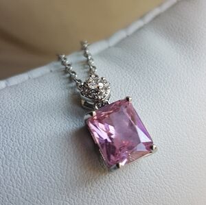 Swarovski Elements 925 Silver Pink Square Princess-cut Pendant Necklace NEW